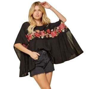 Savanna Jane Boho Black Floral Embroidered Oversized Poncho 1x/2x 100% Cotton